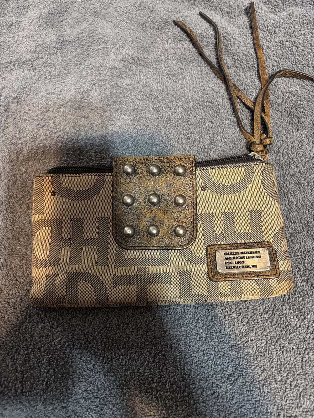 Harley-Davidson Tan and Brown Studded Logo Wristlet